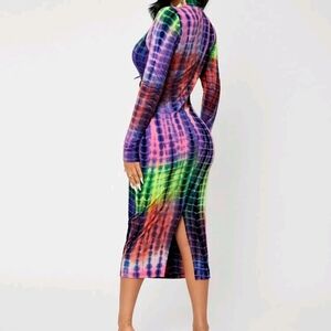 SXY Tie Dye Mock Neck Split Back Bodycon Dress